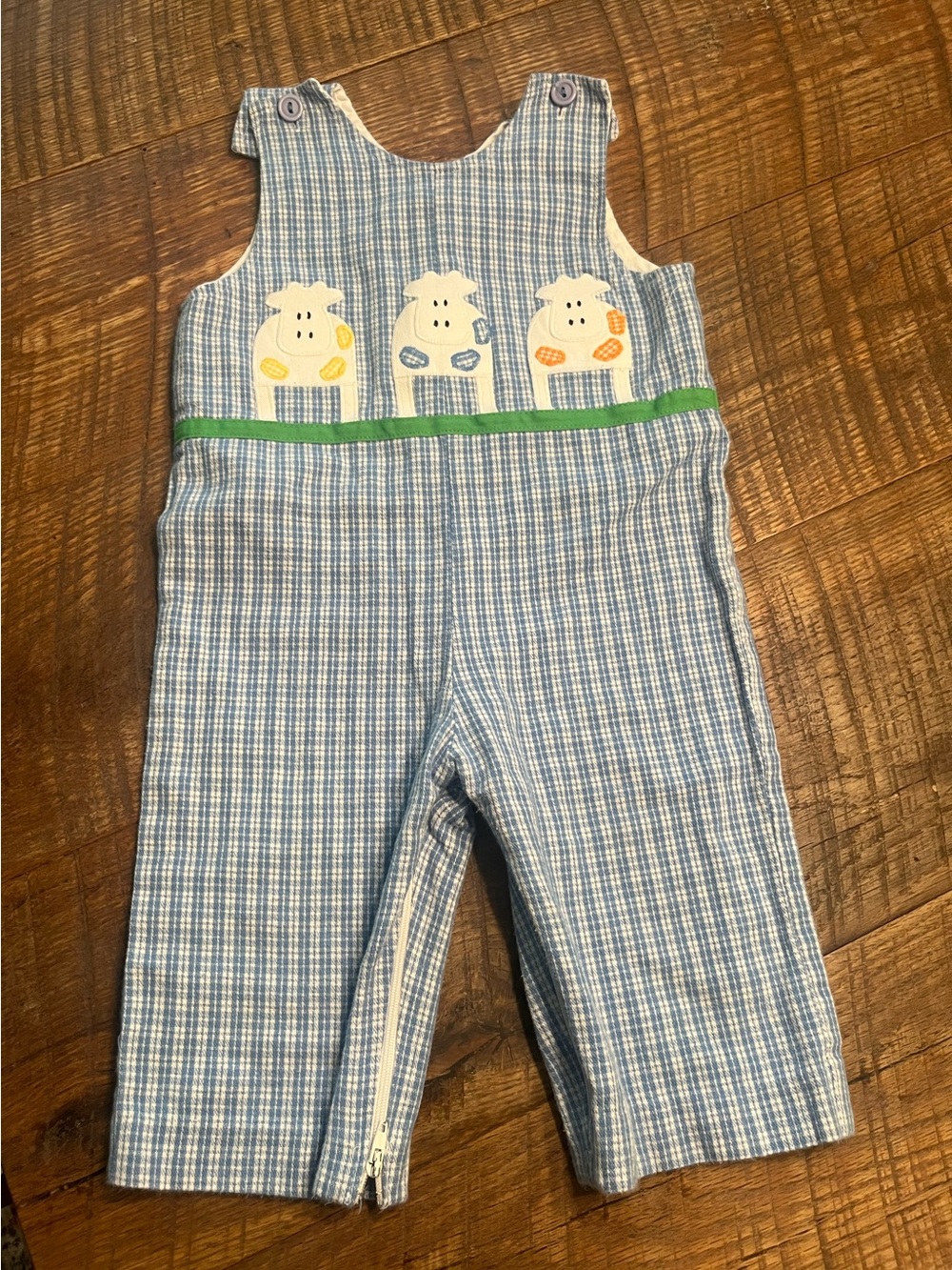 Blue Plaid Kids Overalls with Cow Appliqué